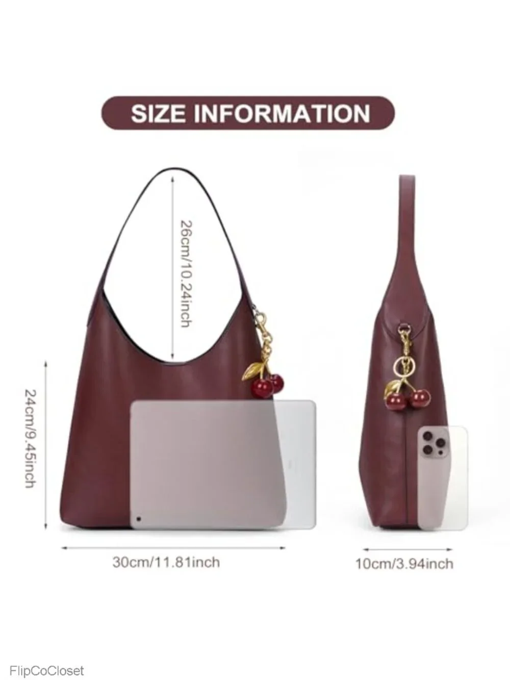 Faux Suede Hobo Bag Vegan Leather Shoulder Tote for Women with Cherry Charm